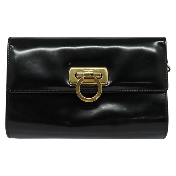 Salvatore Ferragamo Gancini Chain Bag Patent Leather Black Gold Auth 126967