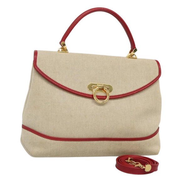BALLY Hand Bag Canvas 2way Beige Gold Auth 126979