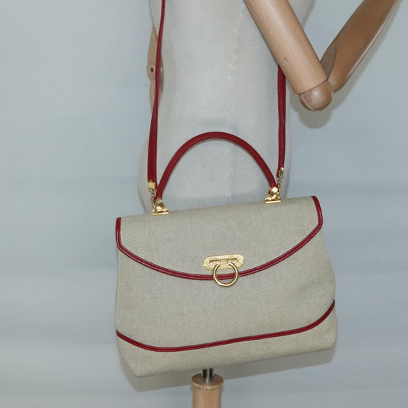 BALLY Hand Bag Canvas 2way Beige Gold Auth 126979