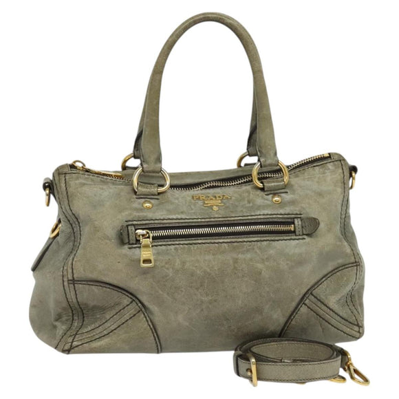 PRADA Hand Bag Leather 2way Gray Gold Auth 126985