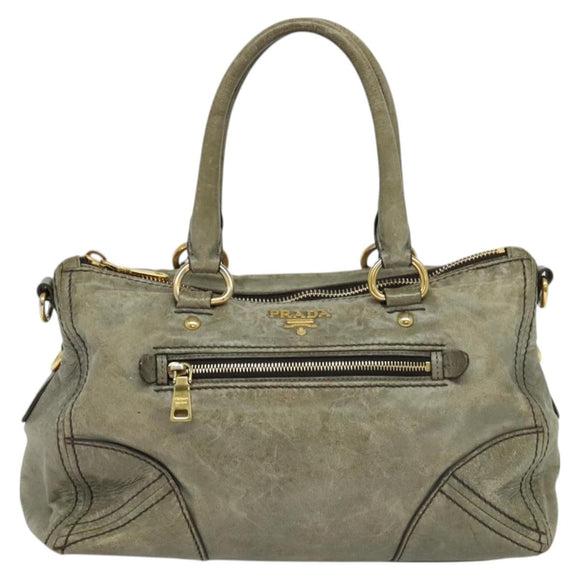 PRADA Hand Bag Leather 2way Gray Gold Auth 126985