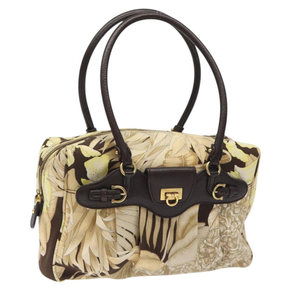 Salvatore Ferragamo Gancini Shoulder Bag Canvas Beige Gold Auth 126999