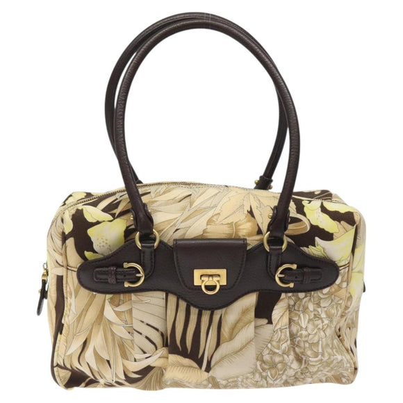 Salvatore Ferragamo Gancini Shoulder Bag Canvas Beige Gold Auth 126999