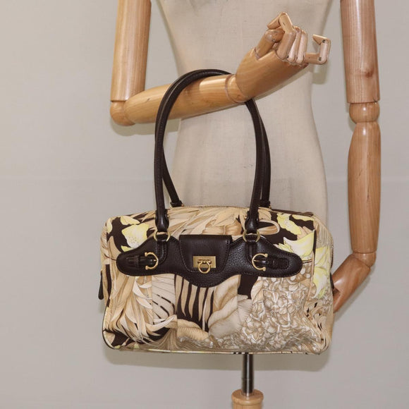 Salvatore Ferragamo Gancini Shoulder Bag Canvas Beige Gold Auth 126999