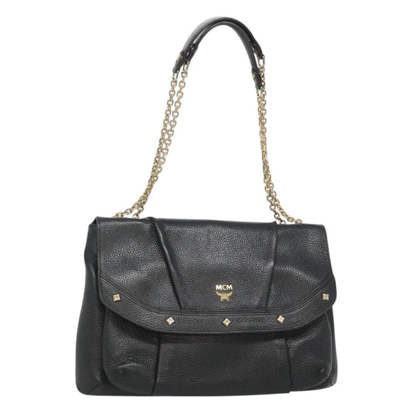 MCM Studs Chain Shoulder Bag Leather Black Gold Auth 127008