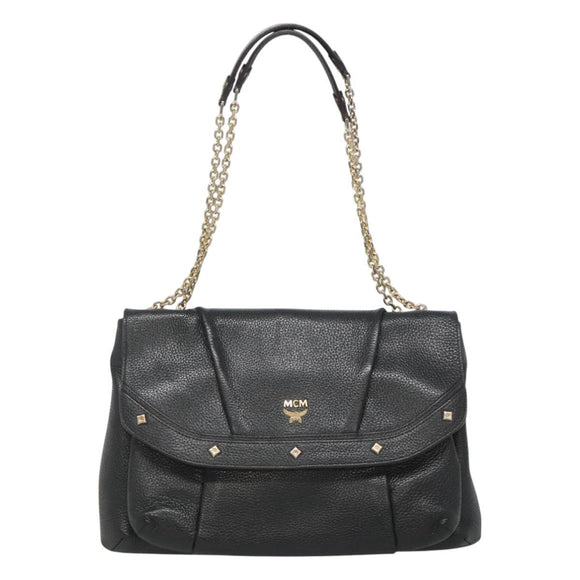 MCM Studs Chain Shoulder Bag Leather Black Gold Auth 127008