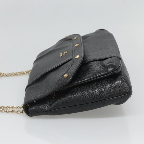 MCM Studs Chain Shoulder Bag Leather Black Gold Auth 127008