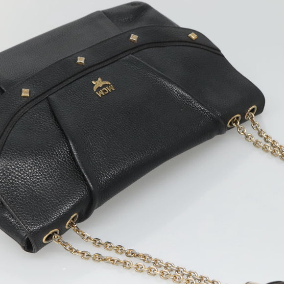 MCM Studs Chain Shoulder Bag Leather Black Gold Auth 127008