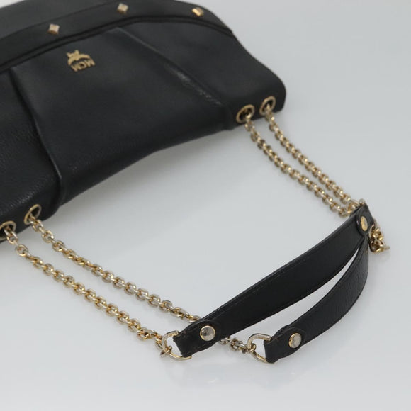 MCM Studs Chain Shoulder Bag Leather Black Gold Auth 127008