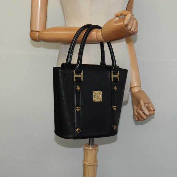 MCM Studs Hand Bag Leather Black Gold Auth 127014