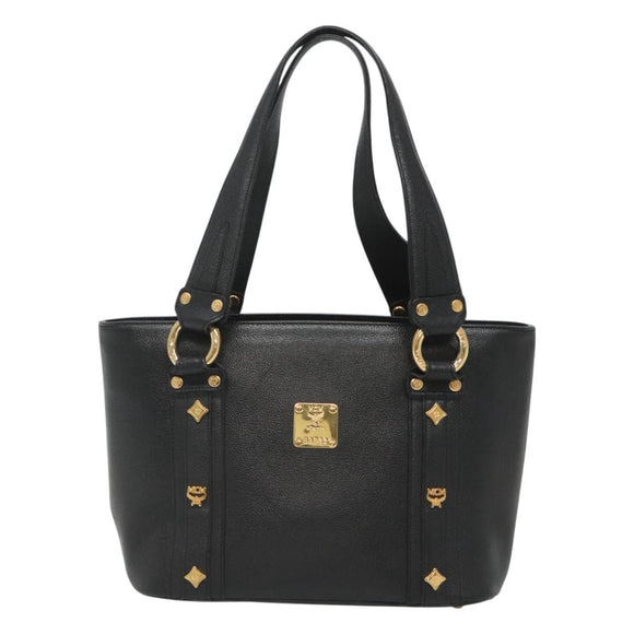 MCM Studs Tote Bag Leather Black Gold Auth 127024