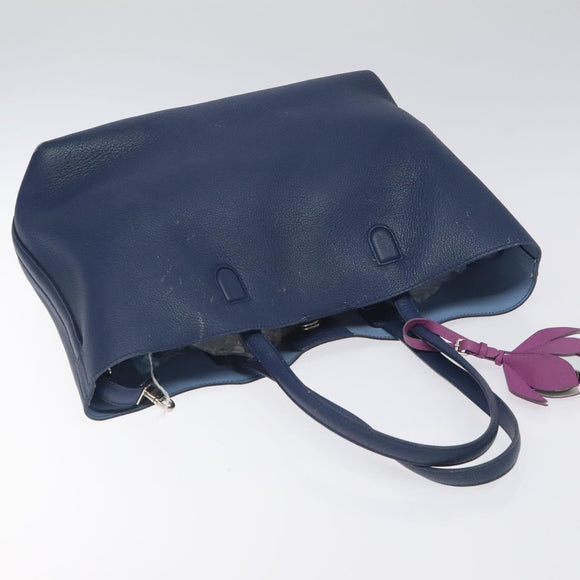 Christian Dior Tote Bag Leather Blue Silver Auth 127072