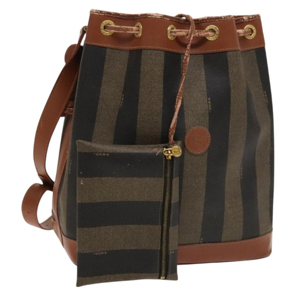 FENDI Pecan Canvas Shoulder Bag PVC Black Brown Auth 127073