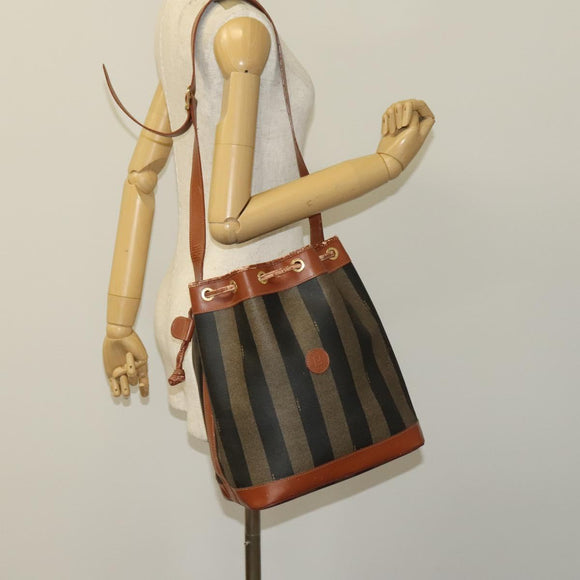 FENDI Pecan Canvas Shoulder Bag PVC Black Brown Auth 127073