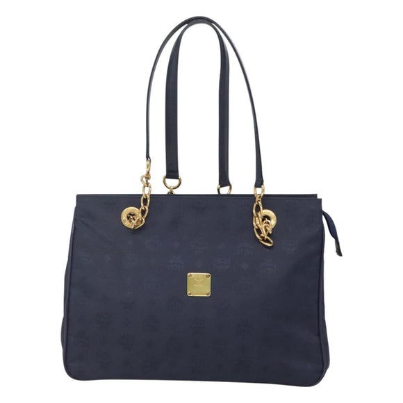 MCM Logogram Vicetos Shoulder Bag Nylon Navy Gold Auth 127085