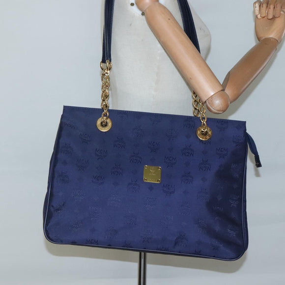 MCM Logogram Vicetos Shoulder Bag Nylon Navy Gold Auth 127085
