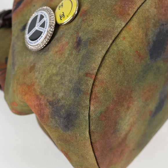 CHANEL Embroidery Graffiti Hand Bag Canvas Leather Khaki CC Auth 127134SM