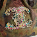 CHANEL Embroidery Graffiti Hand Bag Canvas Leather Khaki CC Auth 127134SM-19