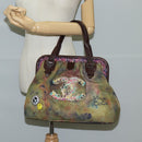 CHANEL Embroidery Graffiti Hand Bag Canvas Leather Khaki CC Auth 127134SM-26