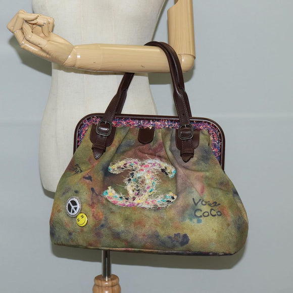 CHANEL Embroidery Graffiti Hand Bag Canvas Leather Khaki CC Auth 127134SM