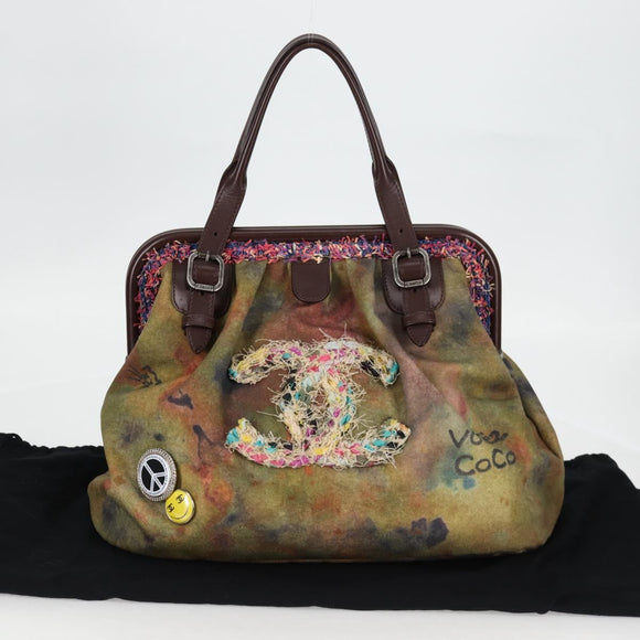 CHANEL Embroidery Graffiti Hand Bag Canvas Leather Khaki CC Auth 127134SM