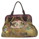 CHANEL Embroidery Graffiti Hand Bag Canvas Leather Khaki CC Auth 127134SM-13