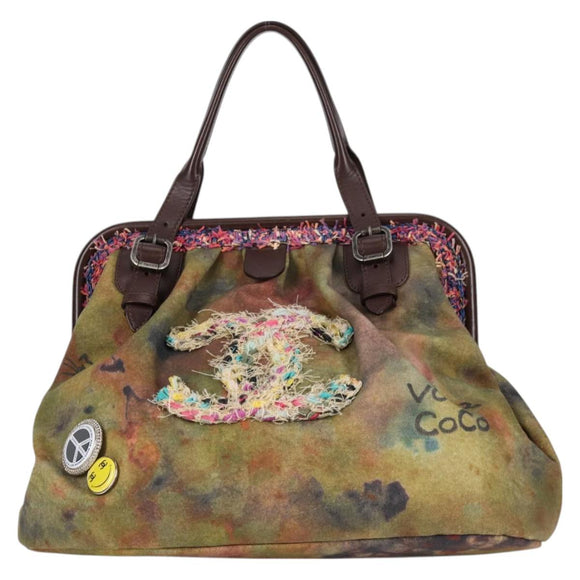 CHANEL Embroidery Graffiti Hand Bag Canvas Leather Khaki CC Auth 127134SM