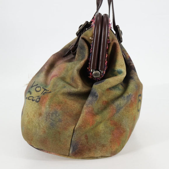 CHANEL Embroidery Graffiti Hand Bag Canvas Leather Khaki CC Auth 127134SM