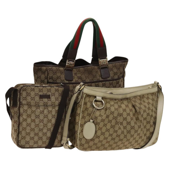 GUCCI GG Canvas Web Sherry Line Bag 3Set Beige Auth 127135