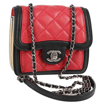 CHANEL Matelasse Chain Shoulder Bag Lamb Skin Red Silver CC Auth 127167M