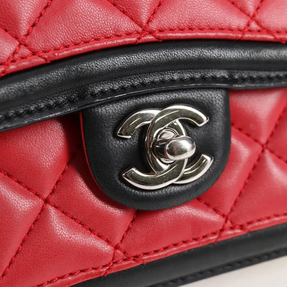 CHANEL Matelasse Chain Shoulder Bag Lamb Skin Red Silver CC Auth 127167M