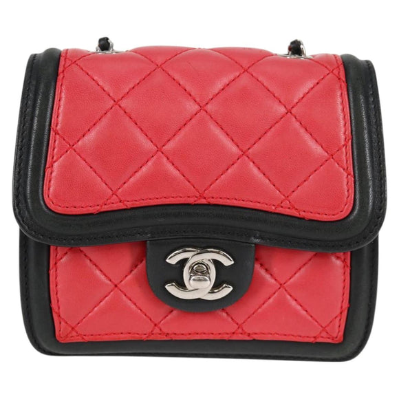 CHANEL Matelasse Chain Shoulder Bag Lamb Skin Red Silver CC Auth 127167SAM