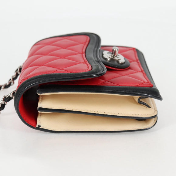 CHANEL Matelasse Chain Shoulder Bag Lamb Skin Red Silver CC Auth 127167SAM
