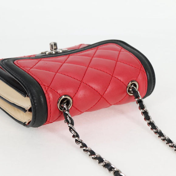 CHANEL Matelasse Chain Shoulder Bag Lamb Skin Red Silver CC Auth 127167SAM