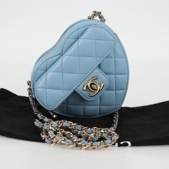 CHANEL Matelasse Chain Shoulder Bag Lamb Skin Blue Gold CC Auth 127168SM