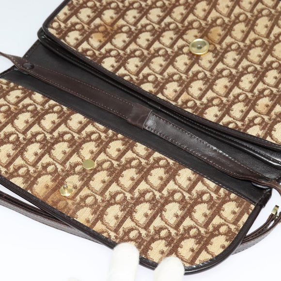 Christian Dior Trotter Canvas Shoulder Bag Brown Gold Auth 127215
