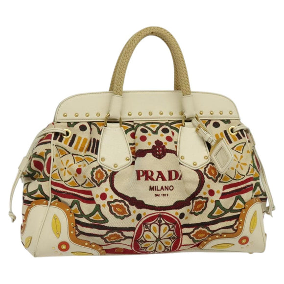 PRADA Hand Bag Canvas Beige Gold Auth 127232