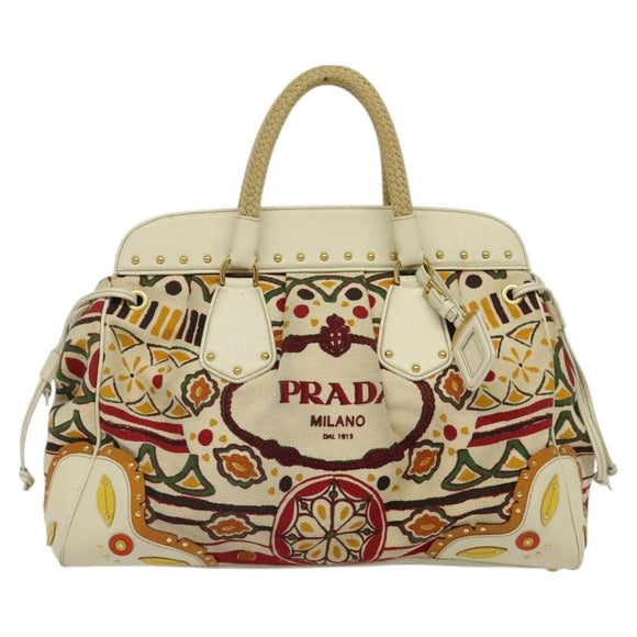 PRADA Hand Bag Canvas Beige Gold Auth 127232