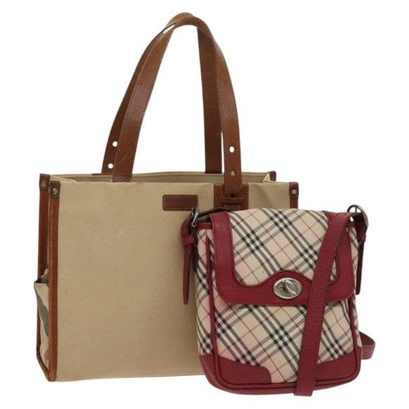 BURBERRY Nova Check Hand Bag Canvas 2Set Beige Auth 127249