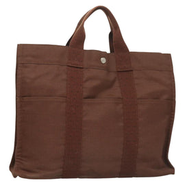 HERMES Her Line MM Hand Bag Canvas Brown Silver Auth 127252