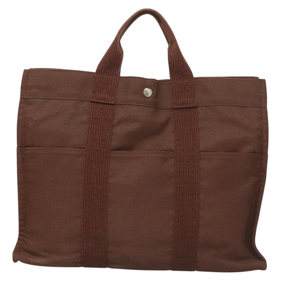 HERMES Her Line MM Hand Bag Canvas Brown Silver Auth 127252