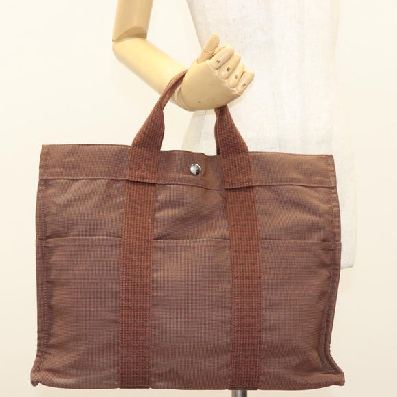 HERMES Her Line MM Hand Bag Canvas Brown Silver Auth 127252