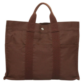 HERMES Her Line MM Hand Bag Canvas Brown Silver Auth 127252 - 0