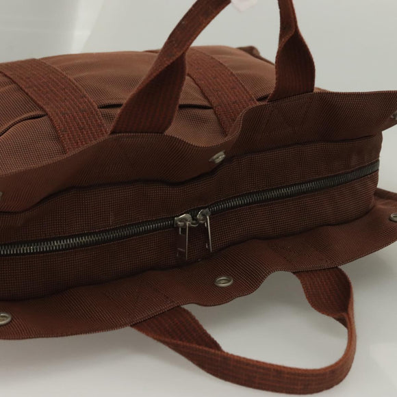 HERMES Her Line MM Hand Bag Canvas Brown Silver Auth 127252