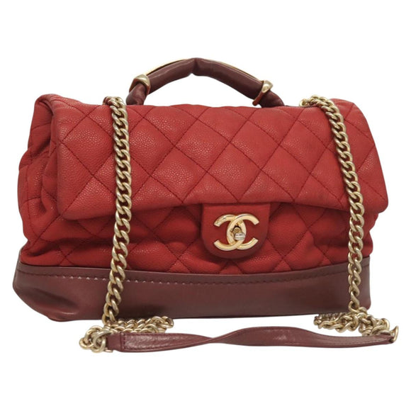 CHANEL Matelasse Chain Shoulder Bag Caviar Skin Red CC Auth 127257