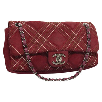 CHANEL Wild Stitch Chain Shoulder Bag Suede Bordeaux Silver CC Auth 127259