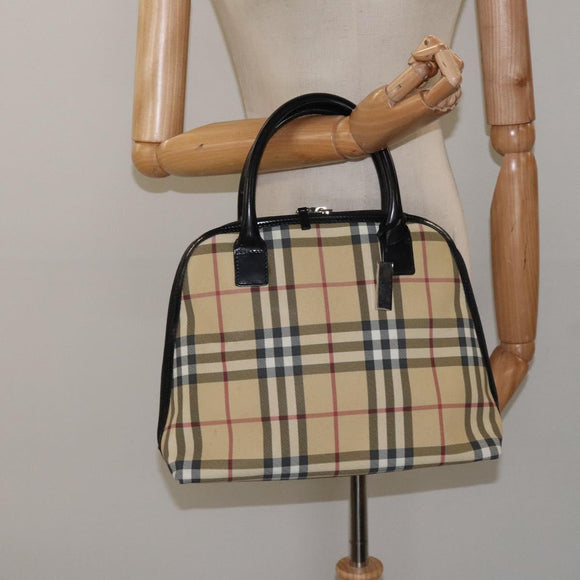BURBERRY Nova Check Hand Bag PVC Beige Silver Auth 127268