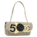 CHANEL Choco Bar Chain Camelia Shoulder Bag Canvas Gray Silver CC Auth 127321-1