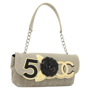 CHANEL Choco Bar Chain Camelia Shoulder Bag Canvas Gray Silver CC Auth 127321