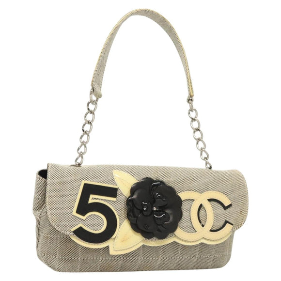 CHANEL Choco Bar Chain Camelia Shoulder Bag Canvas Gray Silver CC Auth 127321